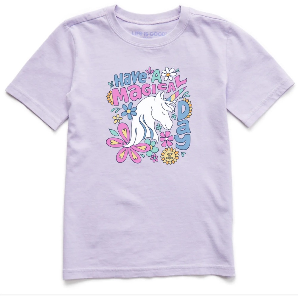 Life Is Good Kids Magical Day Unicorn Short Sleeve Crusher Tee in Lilac Purple L